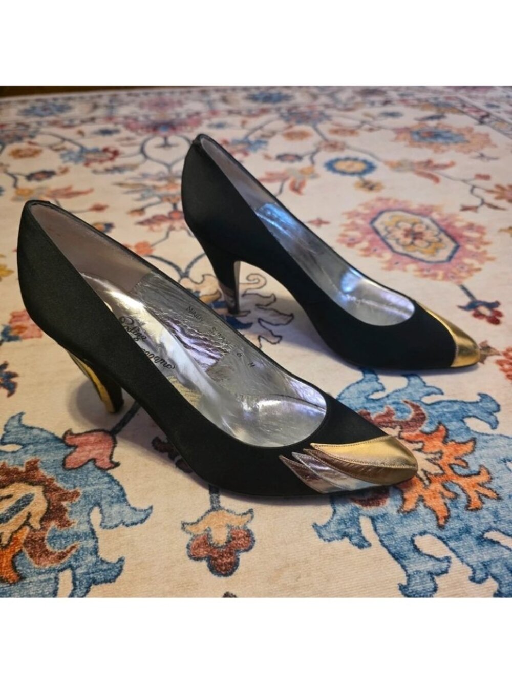 Vintage Rosina Ferragamo Schiavone Black Satin Pumps Gold & Silver Accent - Size